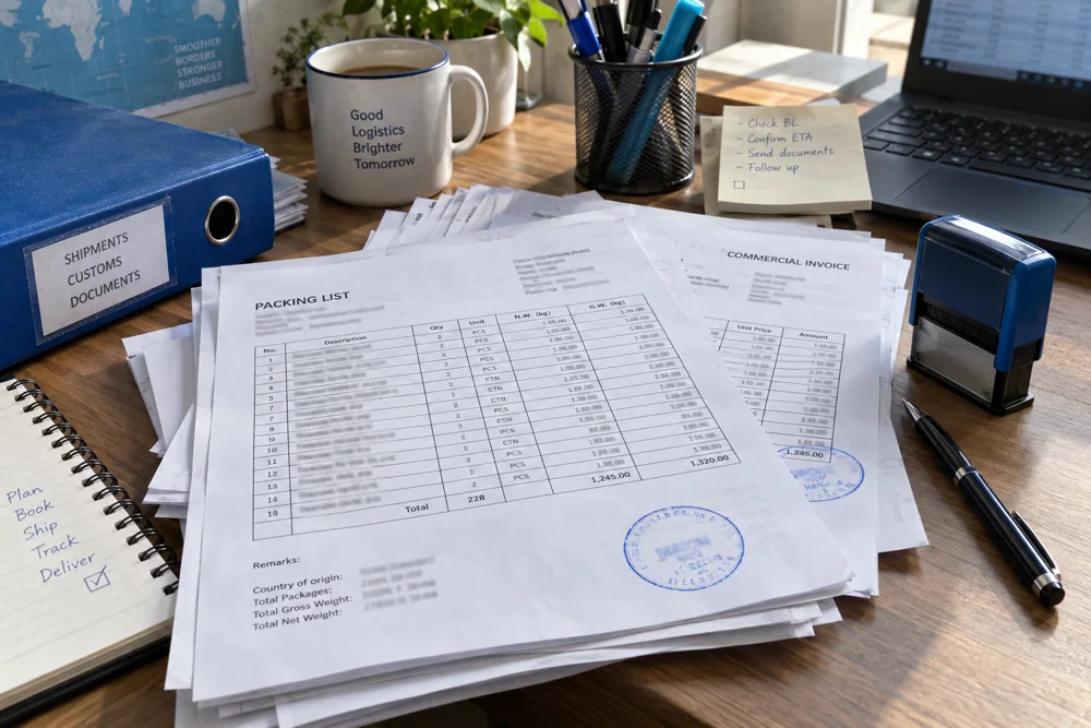 Shipping documents and packing lists for goods from China